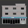 Three Story Building With Ground Floor Shop Green Blue Stripe Signboard And Road Sign