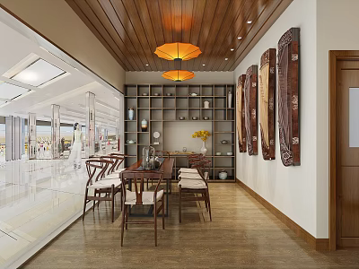 Hotel Public Lounge Area With Wooden Ceiling Pendant Lights Display Shelves And Wall Art 3d model