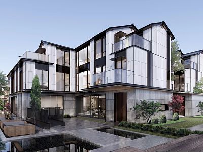 Modern Townhouse Exterior Architecture With Glass Facade Metal Frames And Landscaped Courtyard 3d model