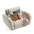 Light Beige Armchair With Multiple Pillows And Fringed Throw Blanket 3d model