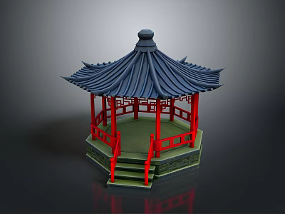 Traditional Chinese Pavilion With Curved Roof Red Pillars And Wooden Railings 3d model
