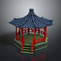 Traditional Chinese Pavilion With Curved Roof Red Pillars And Wooden Railings