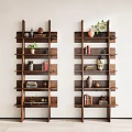 Wooden Open Shelves Displaying Decorative Vases Books and Potted Plants in Home Interior