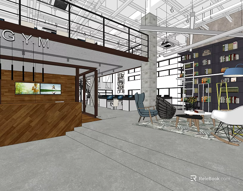 Modern Gym Front Desk Reception With Wooden Counter Lounge Area And Industrial Elements 3d model 