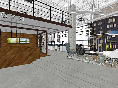 Modern Gym Front Desk Reception With Wooden Counter Lounge Area And Industrial Elements 3d model