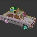 Vintage White Car Featuring Roof Rack With Colorful Luggage Bags