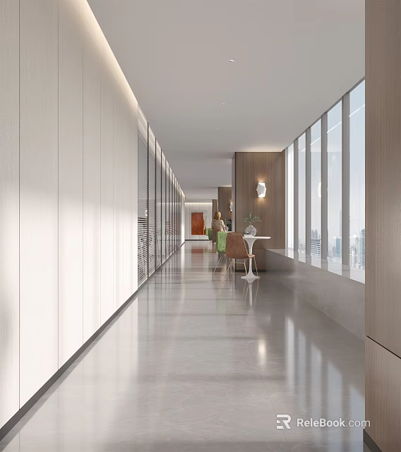 Spacious Modern Office Corridor With Large Windows Tables Chairs And Lighting 3d model