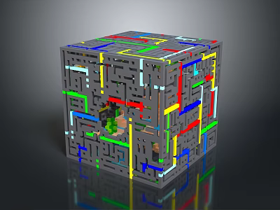 3D Cube Maze Structure With Colorful Paths And Mini Figures Inside 3d model
