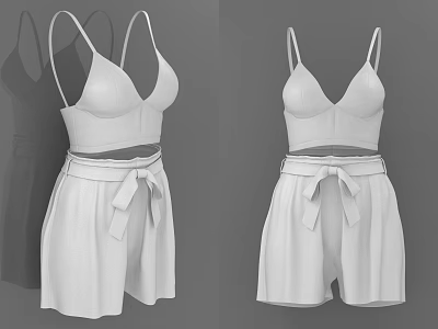 Stylish White Women's Camisole Crop Top With High Waist Bow Belt Shorts Outfit 3d model