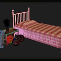 Vintage Iron Bed With Red Yellow Checkered Bedspread Nightstand Potted Plant And Wicker Baskets