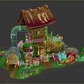 Cartoon Scene With Small House Brown Roof Barrel Drink Can Ladder And Green Grass