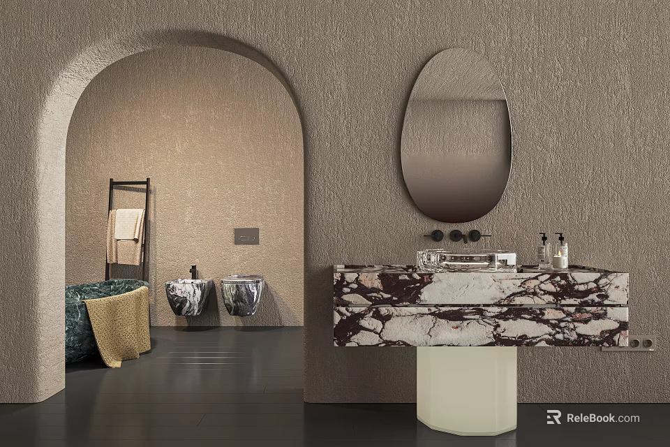 Modern Textured Bathroom Interior With Arched Entrance Oval Mirror Marble Countertop And Double Sinks 3d model 