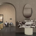 Modern Textured Bathroom Interior With Arched Entrance Oval Mirror Marble Countertop And Double Sinks