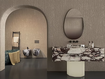 Modern Textured Bathroom Interior With Arched Entrance Oval Mirror Marble Countertop And Double Sinks 3d model