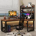 Wooden Gaming Desk Setup with Headphones Figurines RGB Lights and Monitor