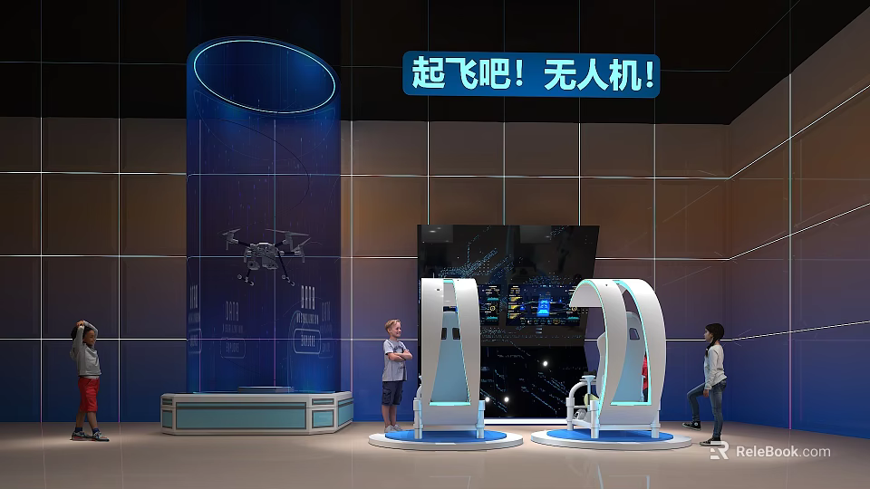 Modern Drone Exhibition Setup With Interactive Stations And Screens 3d model