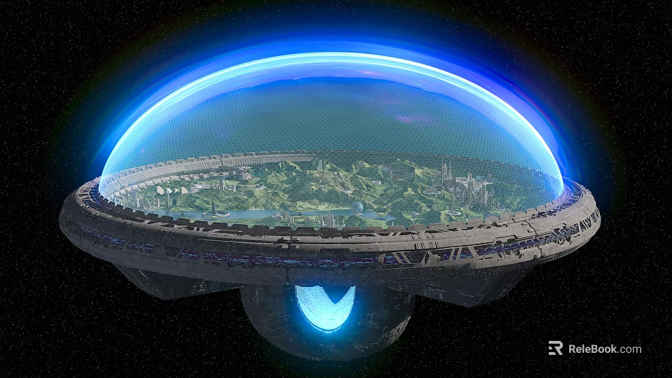 Futuristic Commercial Landscape With Transparent Dome Lush Green Landscape Urban Buildings And Blue Light Source 3d model 