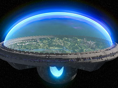 Futuristic Commercial Landscape With Transparent Dome Lush Green Landscape Urban Buildings And Blue Light Source 3d model