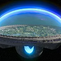 Futuristic Commercial Landscape With Transparent Dome Lush Green Landscape Urban Buildings And Blue Light Source