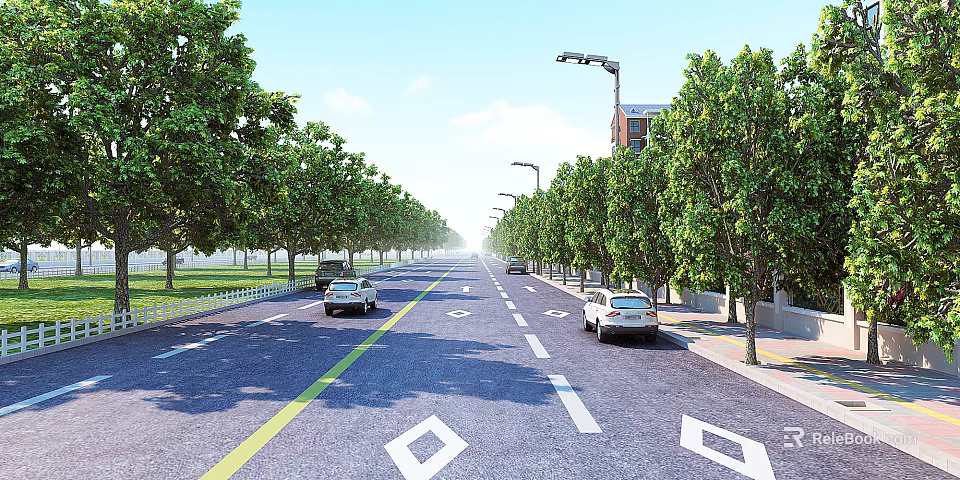Road Facilities Including Lanes Divider Lines Directional Arrows Street Lights Trees And Cars Driving 3d model 