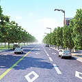 Road Facilities Including Lanes Divider Lines Directional Arrows Street Lights Trees And Cars Driving