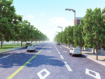 Road Facilities Including Lanes Divider Lines Directional Arrows Street Lights Trees And Cars Driving 3d model