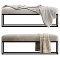 Modern Beige Upholstered Sofa Bench With Black Metal Frame And Throw Blanket