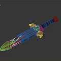 Ornate Sword With Metallic Blade Red Decorative Patterns Black Leather Hilt And Blue Gemstone