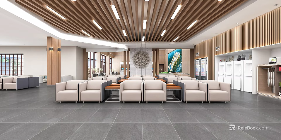 Modern Service Hall Interior With Wooden Ceiling Waiting Seats And Decorative Painting 3d model 