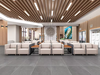 Modern Service Hall Interior With Wooden Ceiling Waiting Seats And Decorative Painting 3d model