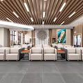 Modern Service Hall Interior With Wooden Ceiling Waiting Seats And Decorative Painting