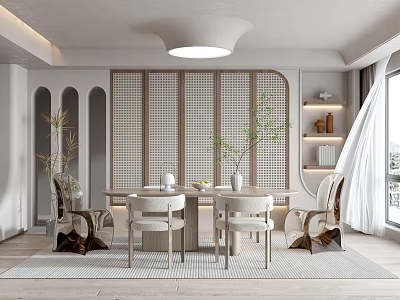 Quiet Restaurant Dining Table and Chair Combination Restaurant Decoration Green Plant Transparent Chair Leisure Chair 3d model