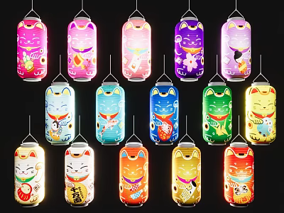 Colorful Lucky Cat Hanging Lanterns As Decorative Furniture For Home Interiors 3d model
