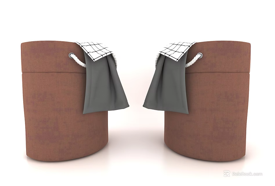 Two Brown Storage Baskets With Gray Checkered Cloth Bags For Organizing 3d model 