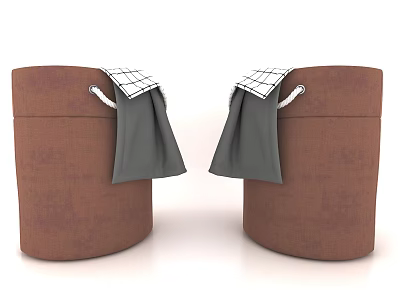 Two Brown Storage Baskets With Gray Checkered Cloth Bags For Organizing 3d model