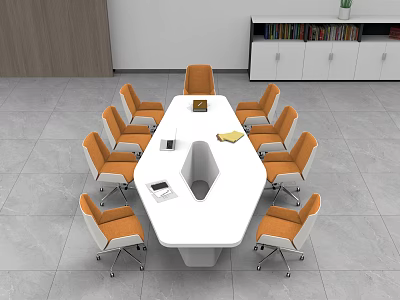 Modern White Octagonal Conference Table With Orange Chairs Notebook And Documents In Office Meeting Room 3d model