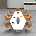 Modern White Octagonal Conference Table With Orange Chairs Notebook And Documents In Office Meeting Room