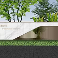 Modern Landscape Feature Wall with Marble Surface Wooden Grilles and Illuminated Greenery Surroundings