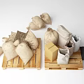 Household Supplies Including Sacks Wooden Boxes White Cloth Bags And Packing Tool On Pallets
