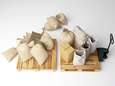 Household Supplies Including Sacks Wooden Boxes White Cloth Bags And Packing Tool On Pallets 3d model