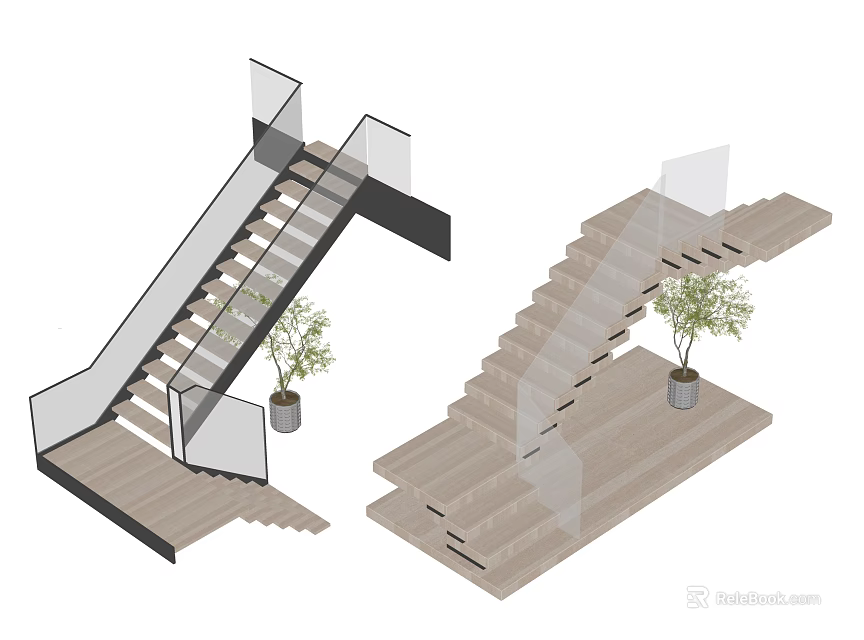 Modern Staircase Design With Glass Railing Wooden Steps And Potted Plant 3d model 