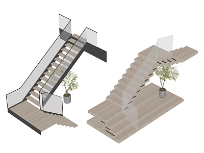 Modern Staircase Design With Glass Railing Wooden Steps And Potted Plant 3d model