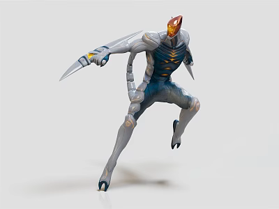 Orange Headed Cyborg Character And Mechanical Creature With Blue Body And Knife Arms 3d model