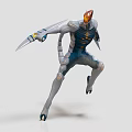 Orange Headed Cyborg Character And Mechanical Creature With Blue Body And Knife Arms