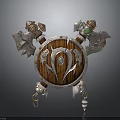 Vintage Powerful Weapon Wooden Shield With Central Emblem And Decorative Metal Axes On Both Sides