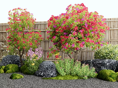 Lush Flowering Plants with Red Pink Blossoms Bamboo Fence Black Stones and Green Moss Garden 3d model