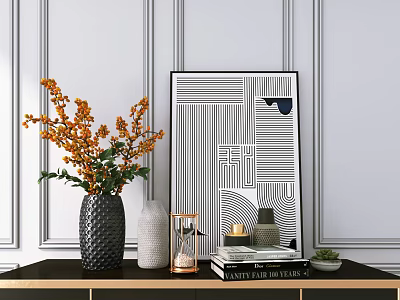 Modern Decorative Accessories Set With Black Vase Orange Flowers Hourglass Books And Artwork On Table 3d model