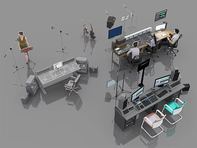 Professional Headphones and Speakers in Audio Production Studio with Mixing Consoles Microphones and Gear 3d model