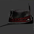 Stylish Gray Hat With Red Patterned Band Feather And Chain Decor 3d model