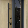 Modern Wooden Door With Vertical Stripes Black Frame And Glass Side Panels Viewing Trees Outside